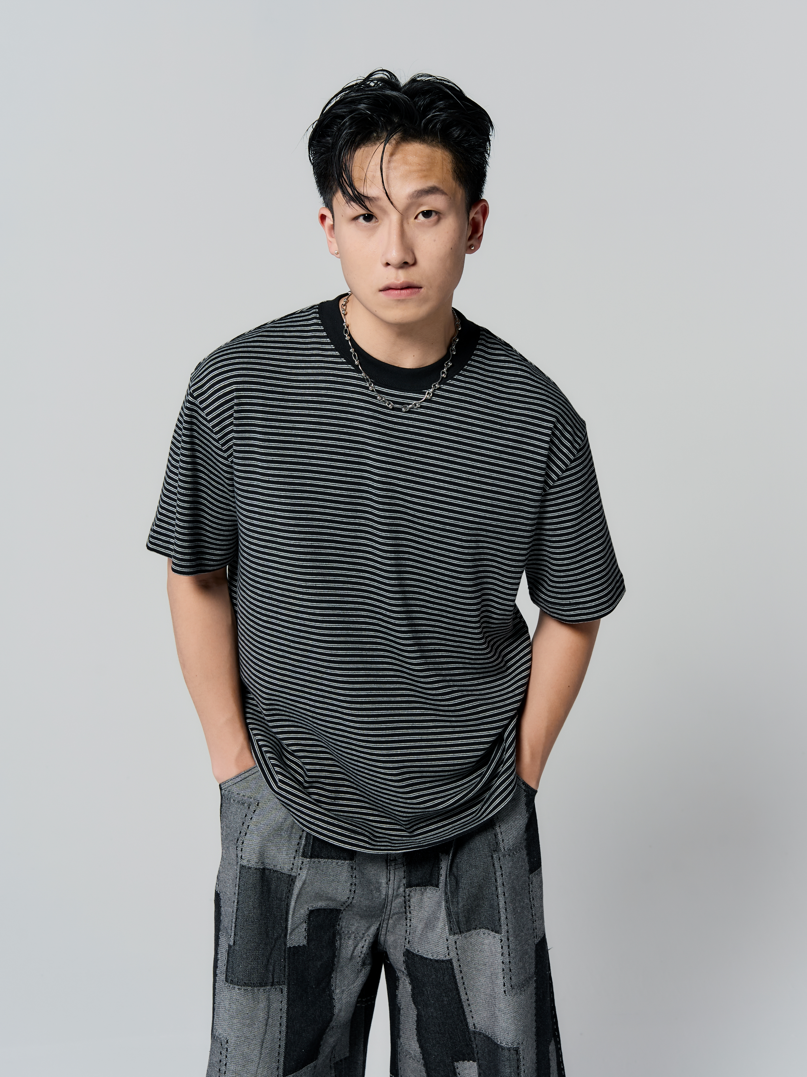 彈力舒棉條紋短袖-黑