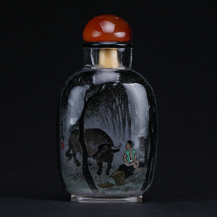 鹿港窯典藏內畫工藝|牧牛牧馬圖鼻煙壺 田園牧趣詮釋自然和諧與生命律動