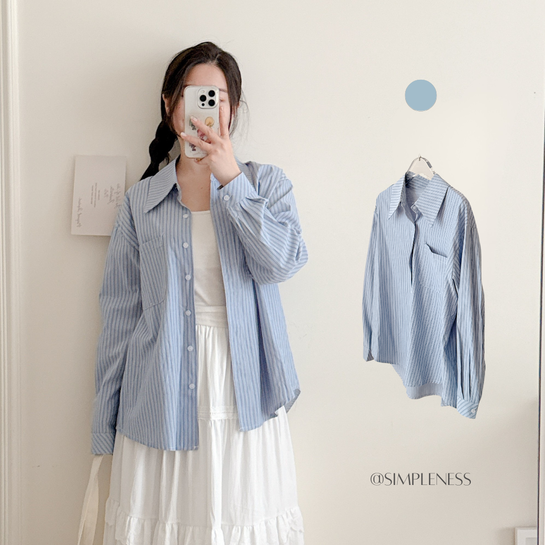 現貨🚚單穿/外套都OK👌清新小文青淺藍條紋襯衫💕