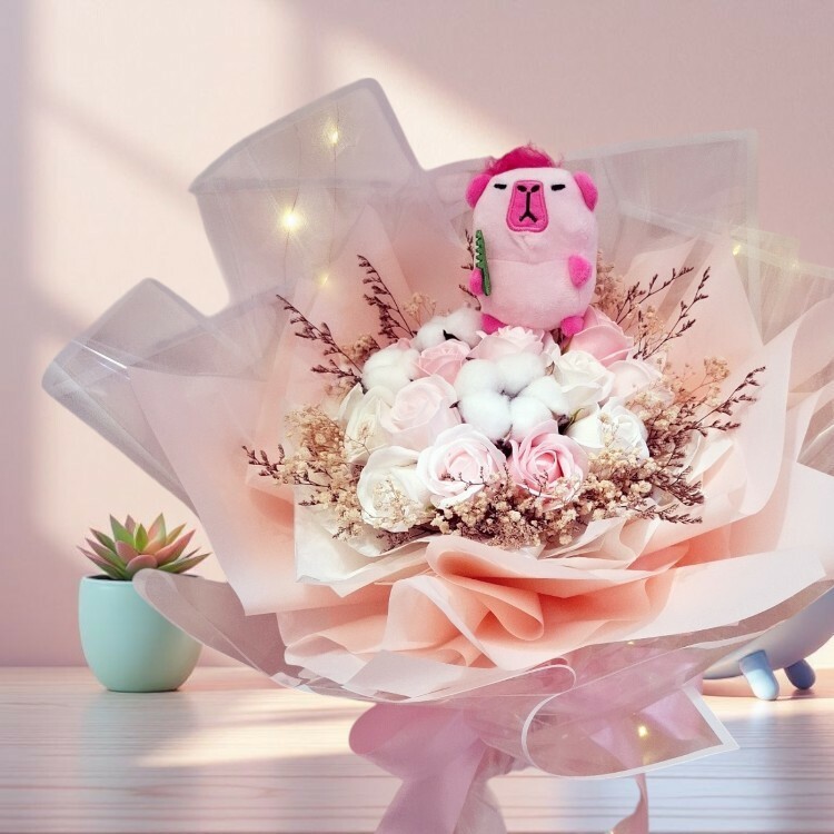 卡比巴拉粉紅乾燥花香皂花束,Capybara Pink Dry Flower Soap Bouquet