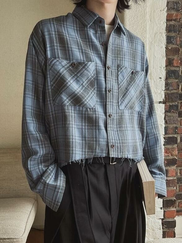 格仔短身長袖恤衫 S2161