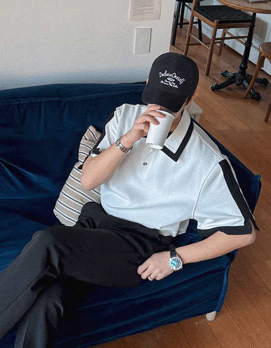 純色V領拼色POLO衫