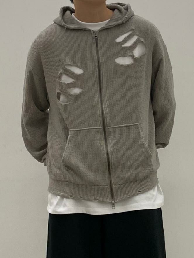 淨色破洞連帽拉鍊外套 EASY-060JK