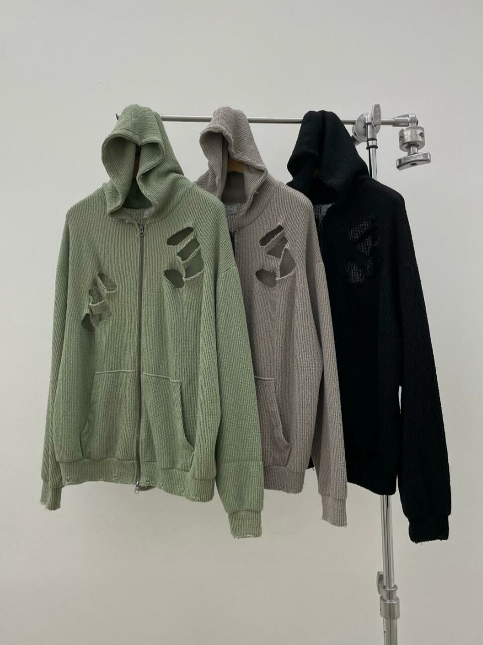 淨色破洞連帽拉鍊外套 EASY-060JK