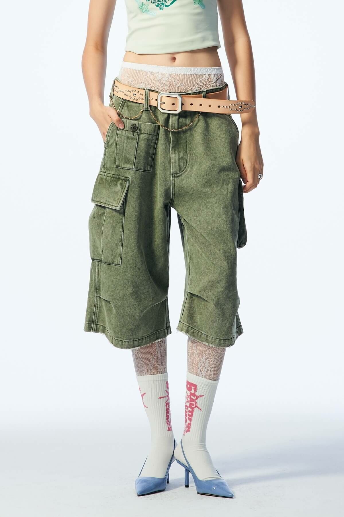 LUSIVE｜ 口袋七分褲 Cargo Shorts Denim  (灰綠)