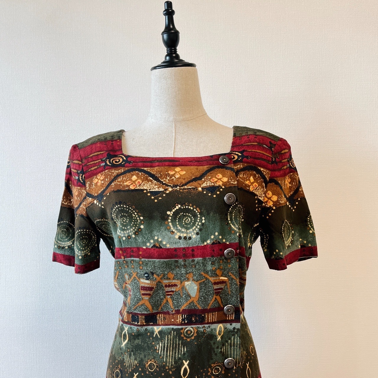 JOHN ROBERTS美國製墨綠色民族風圖案連身裙