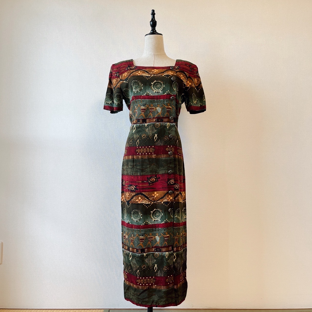 JOHN ROBERTS美國製墨綠色民族風圖案連身裙