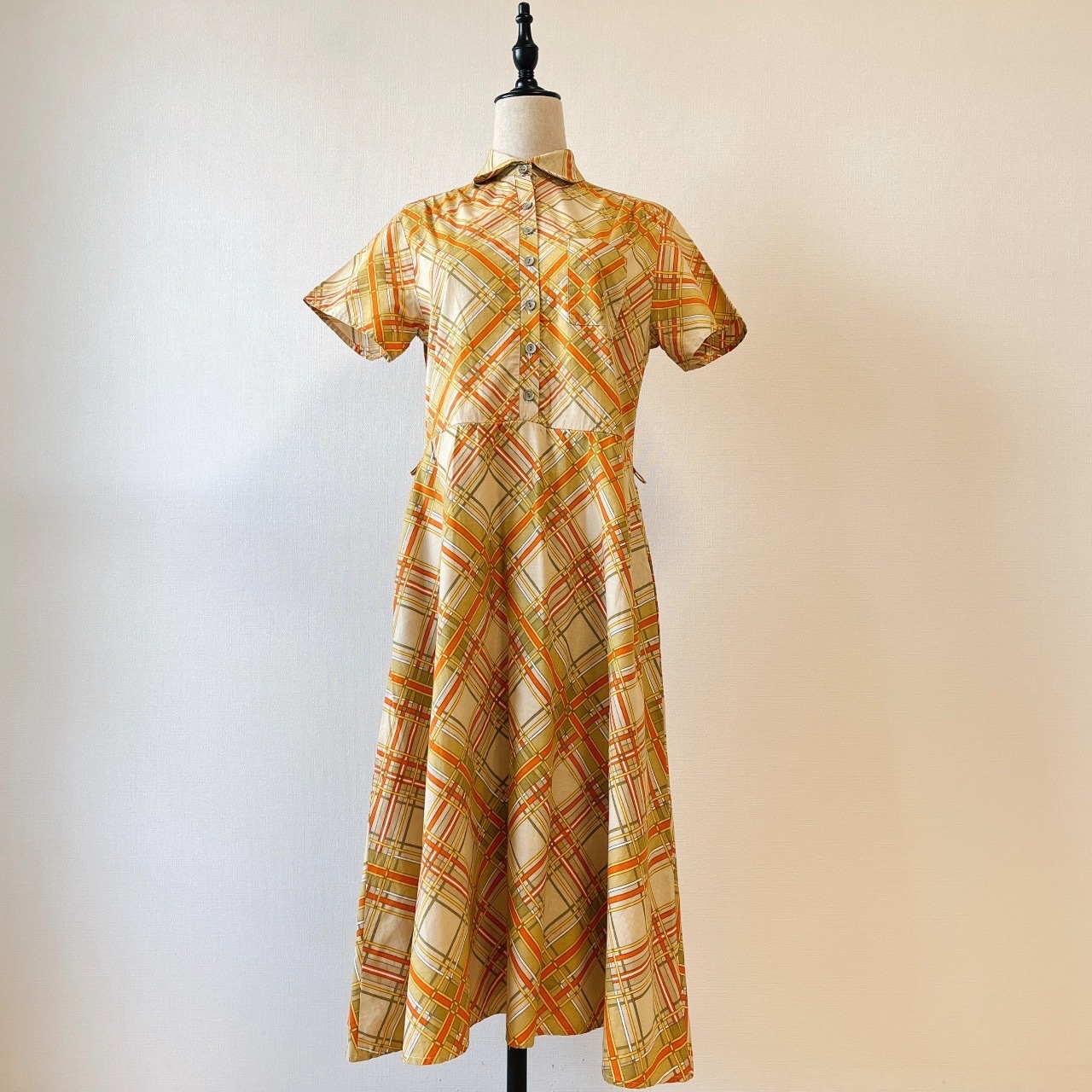 橙色菱形格紋綿質連身裙