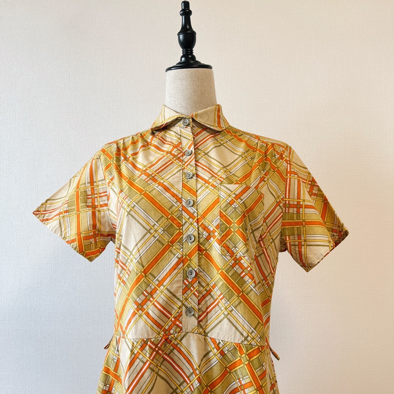 橙色菱形格紋綿質連身裙