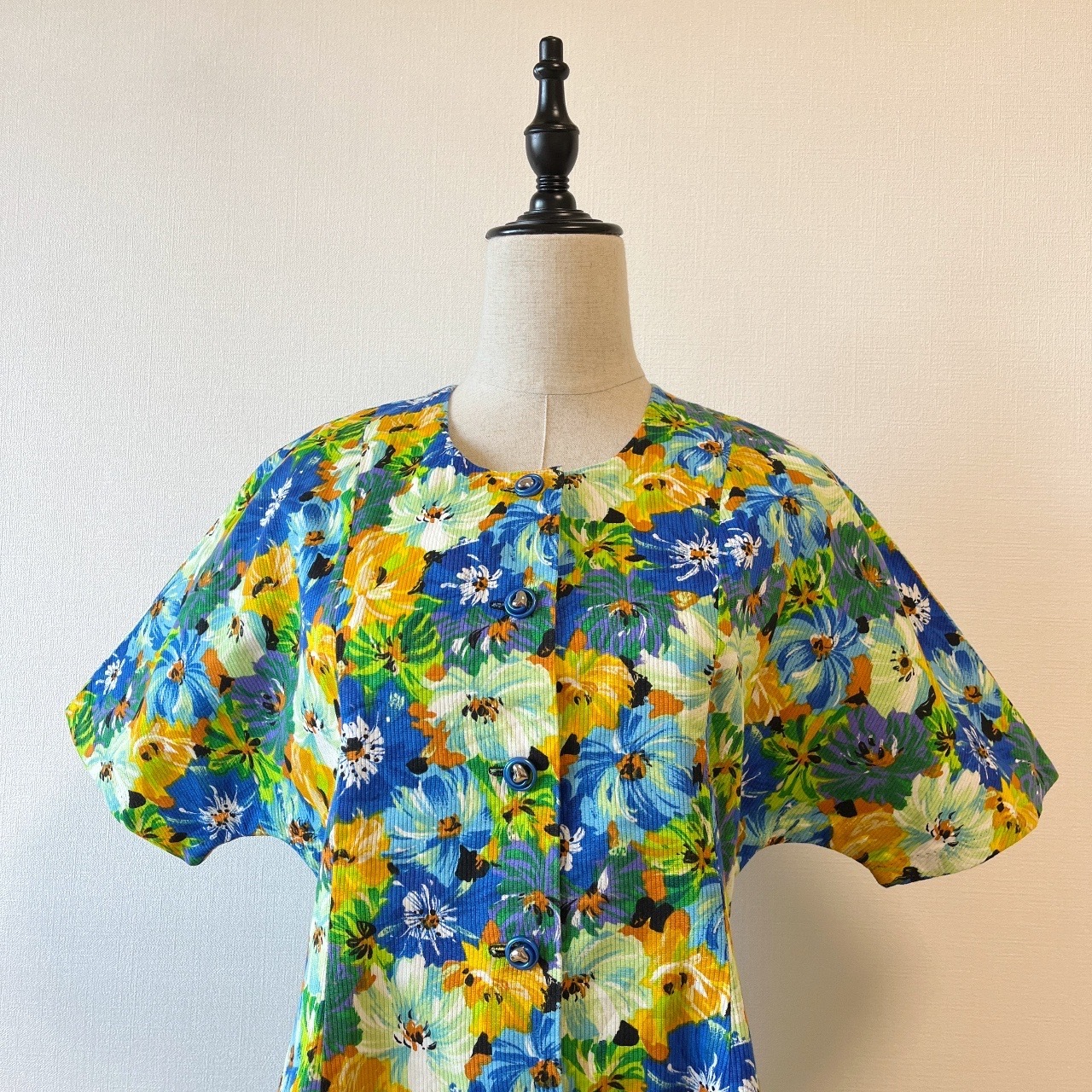 夏日藍色油畫大花古著連身裙