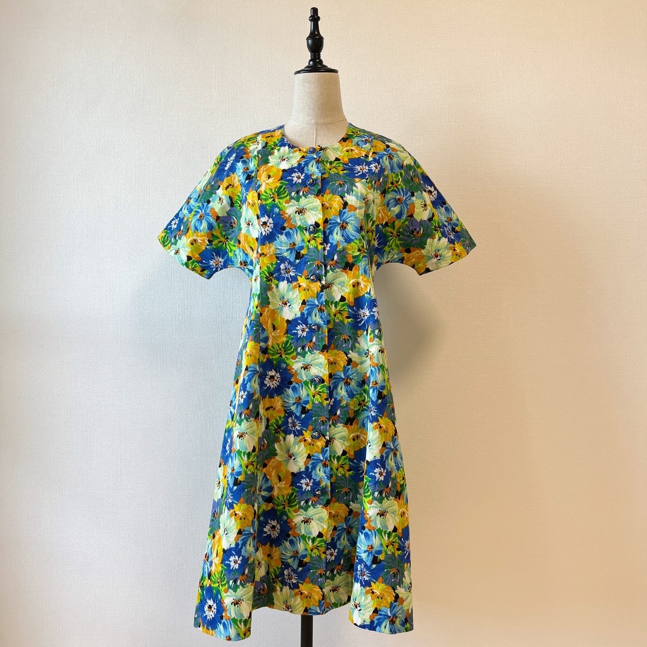 夏日藍色油畫大花古著連身裙