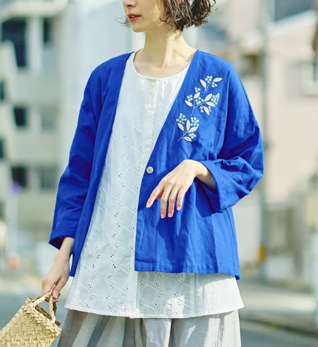 （Special Price）藍色刺繡綿麻外套【日本直送】