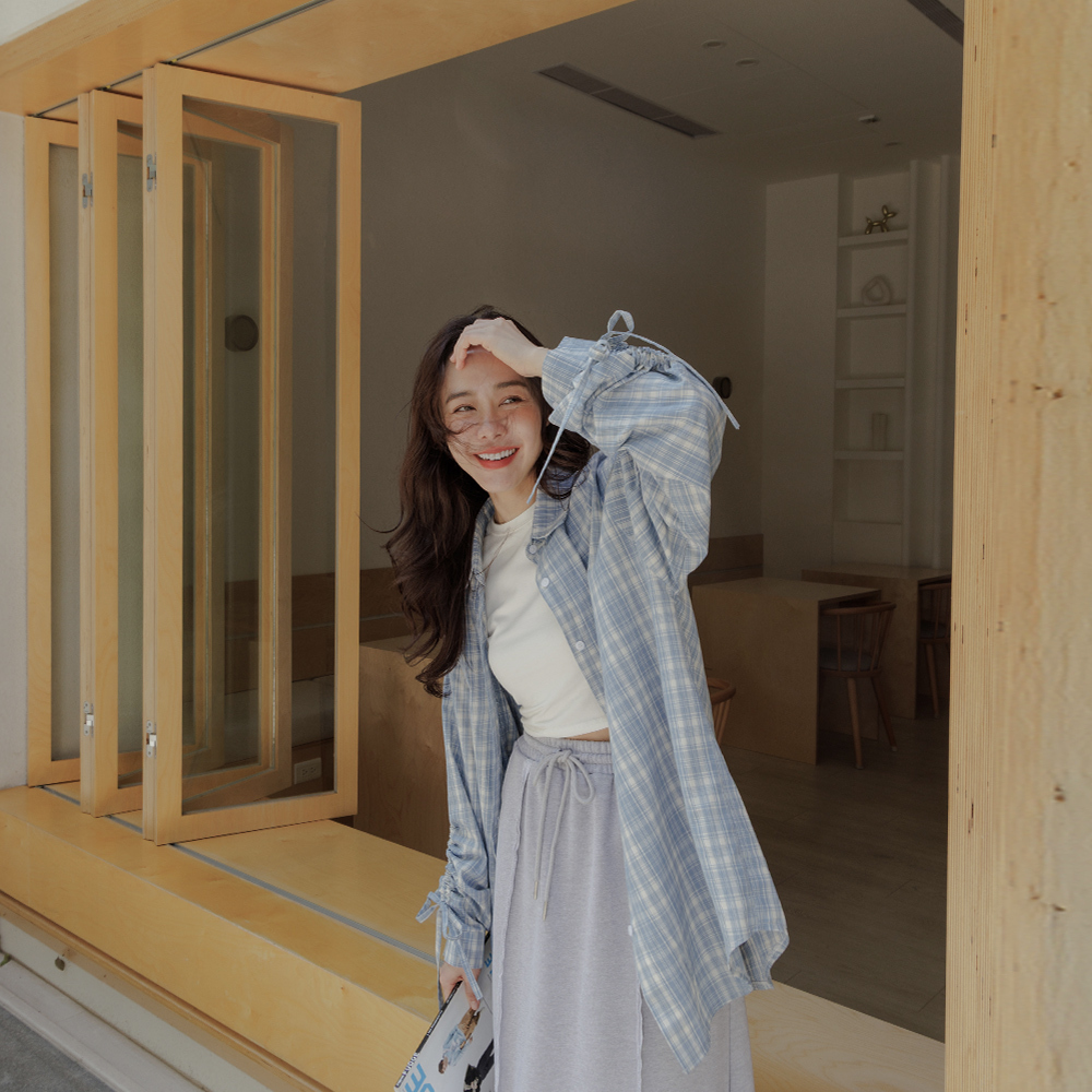Wide shirt with plaid sleeves and drawstring design, sold in two colors【01025579】in stock+pre-order