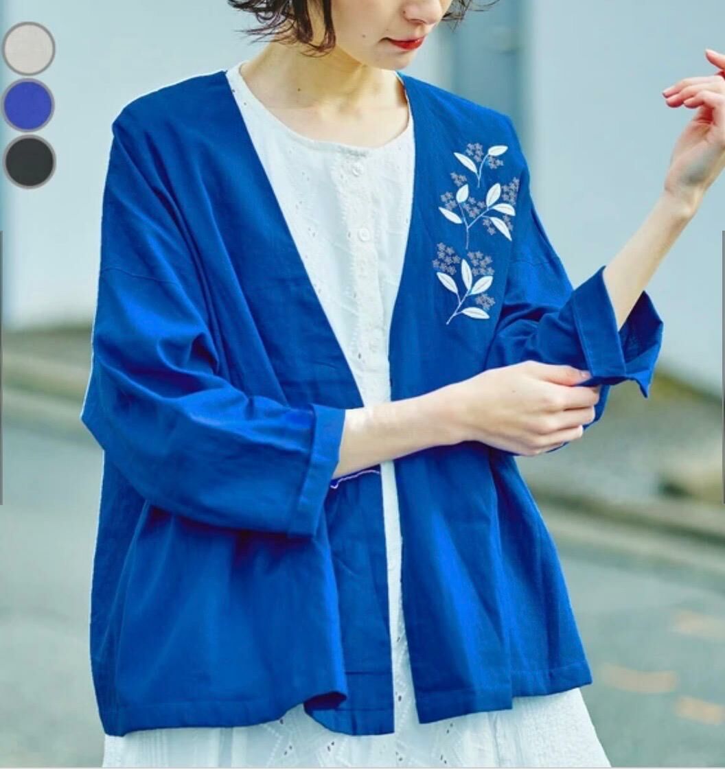（Special Price）藍色刺繡綿麻外套【日本直送】