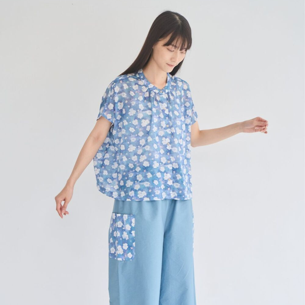 印花樂口袋寬褲晨霧藍