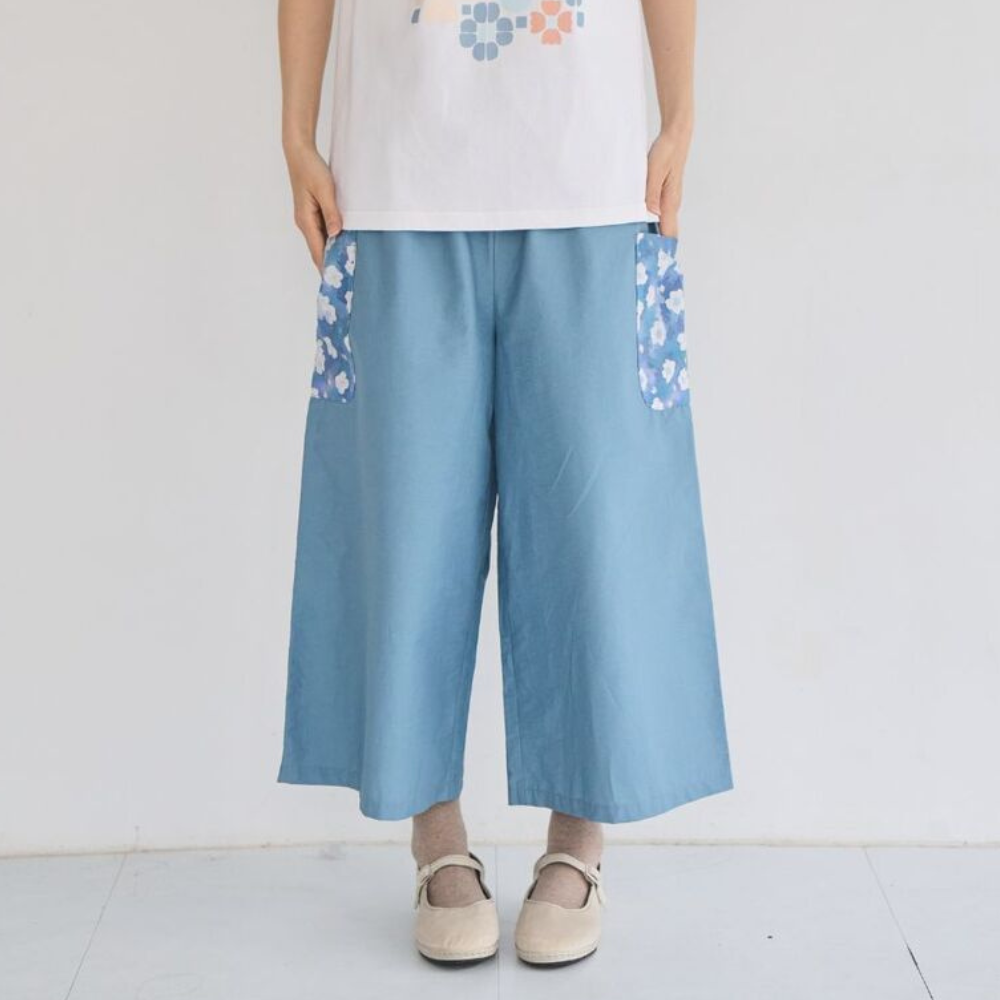 印花樂口袋寬褲晨霧藍