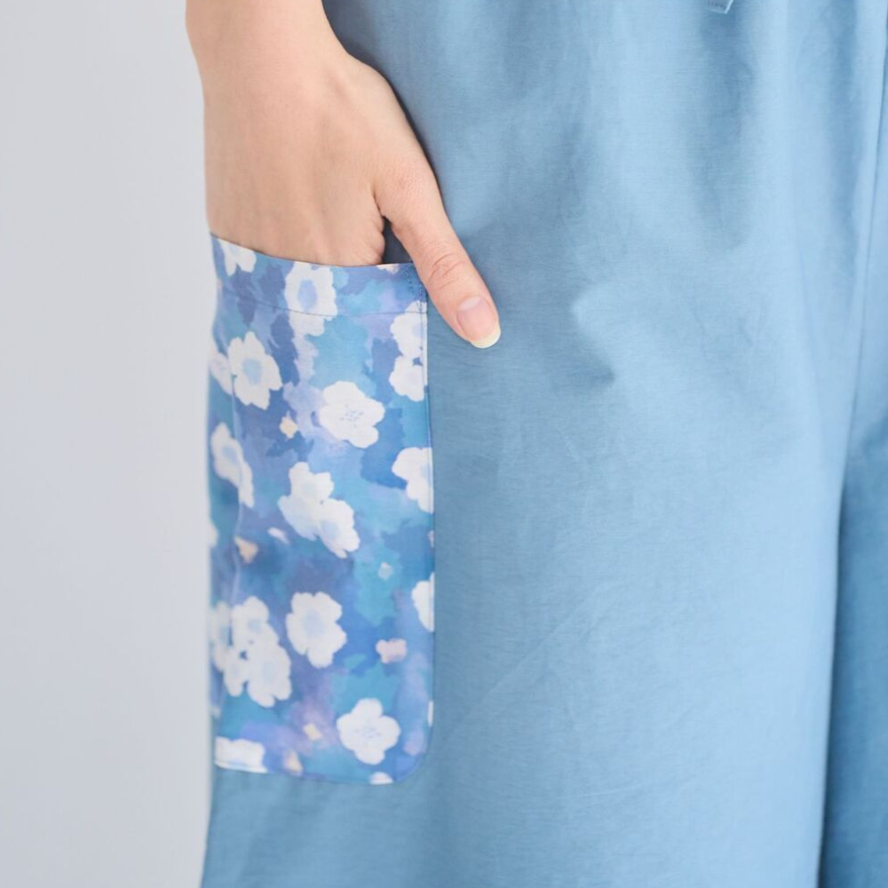 印花樂口袋寬褲晨霧藍