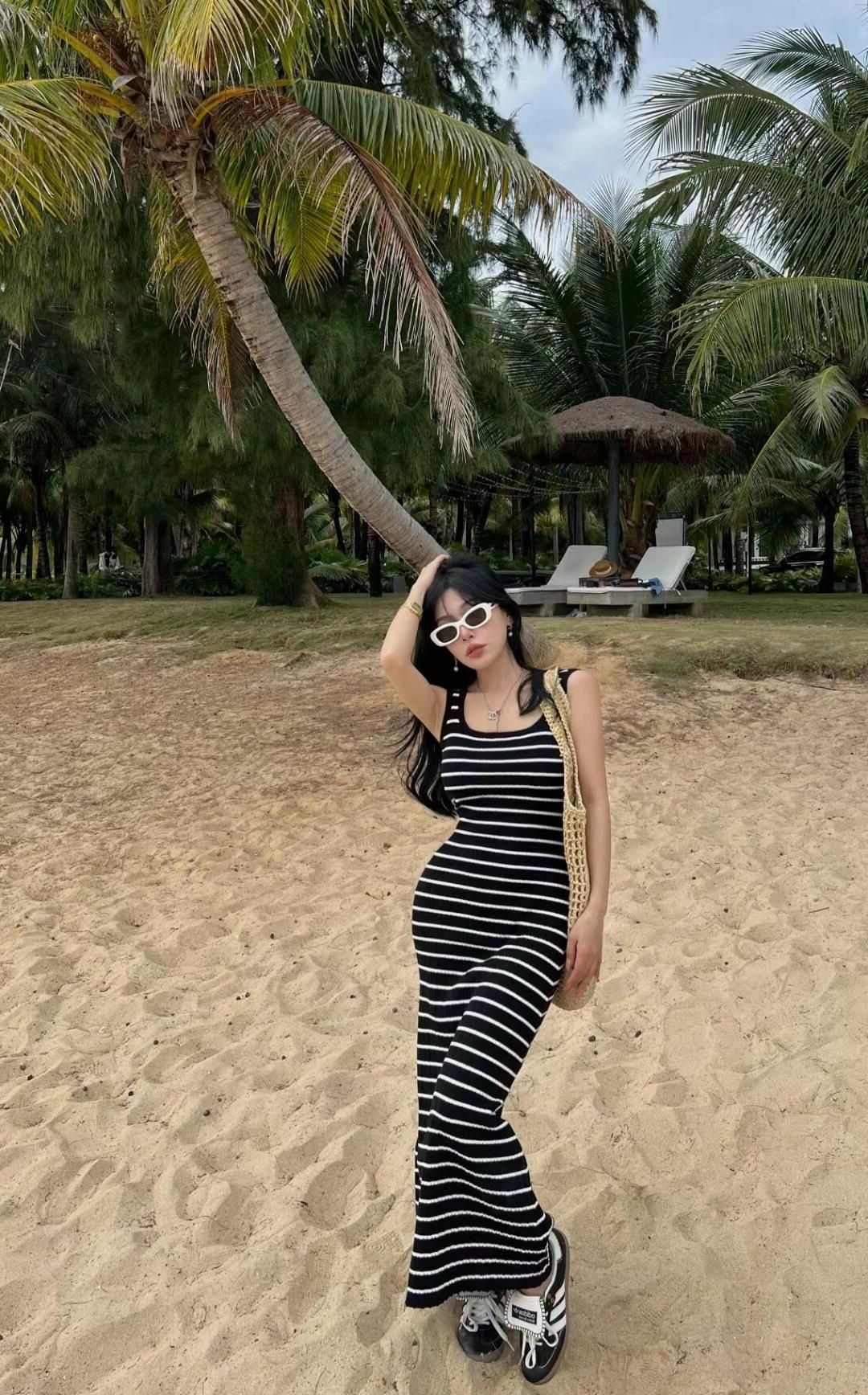 黑白條紋修身 休閒長洋裝