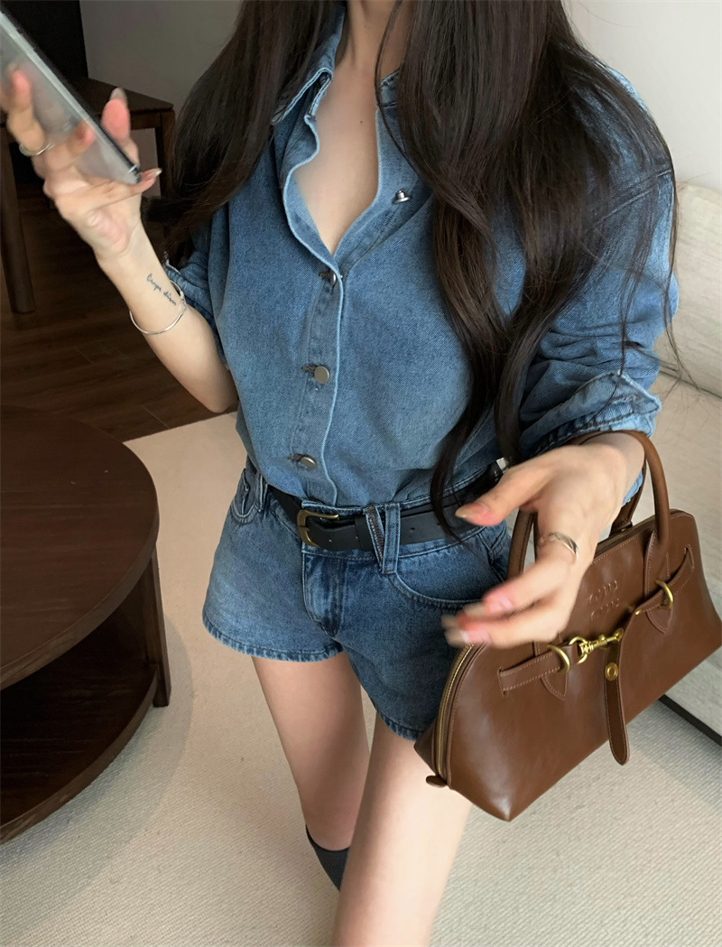 休閒時髦感 牛仔襯衫+短褲(2件組)