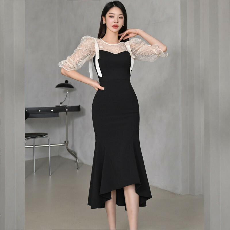 挺版蕾絲短袖拼接魚尾長洋裝