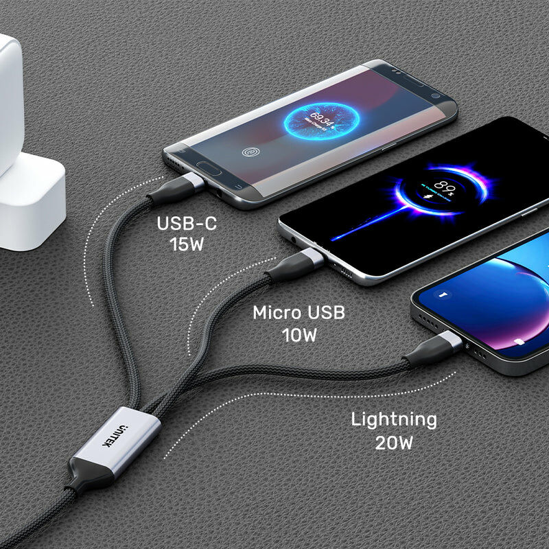 Unitek 1.5米 3合1 充電線 USB-C 轉 USB-C / Micro USB / Lightning (最高支援 20W 快充) | C14101AGY-1.5M