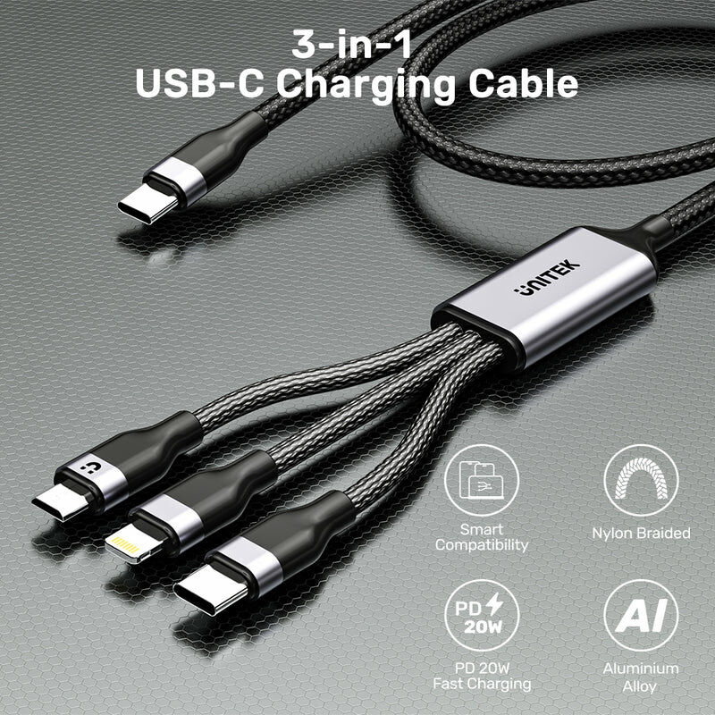 Unitek 1.5米 3合1 充電線 USB-C 轉 USB-C / Micro USB / Lightning (最高支援 20W 快充) | C14101AGY-1.5M