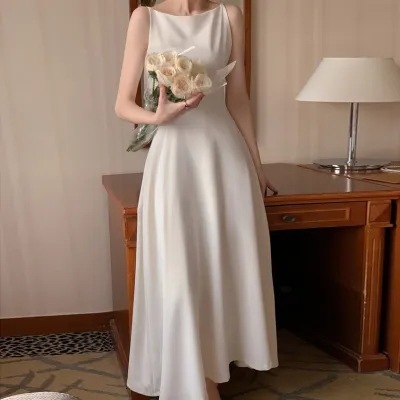 氣質優雅 一字肩收腰長洋裝(杏/白/黑)