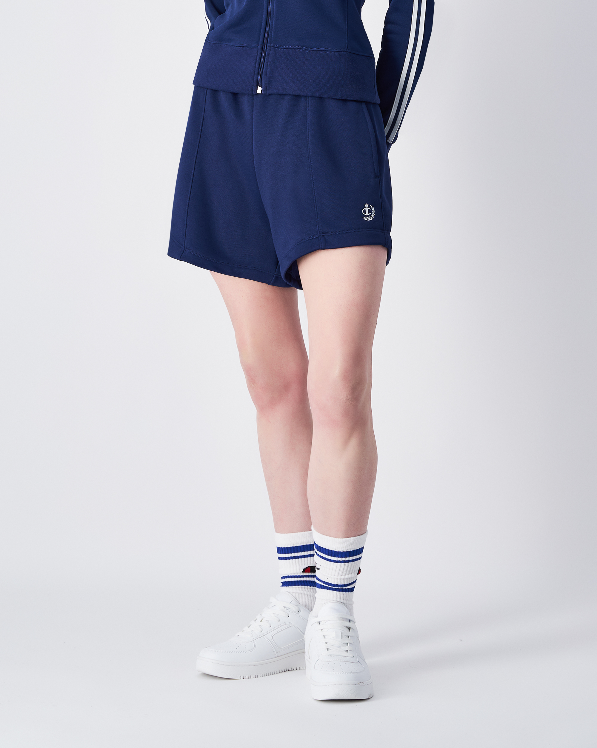 女款-羅紋 壓線 刺繡 運動 短褲-深藍 （117968-BS567）