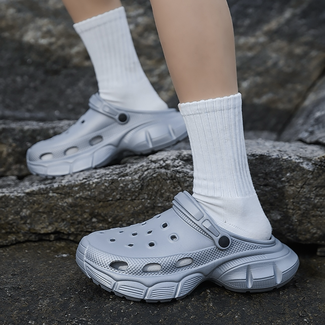 韓國 FCMM EVA 防水 包頭平底透氣涼鞋 拖鞋 踩屎感 兩用洞洞鞋 金屬銀