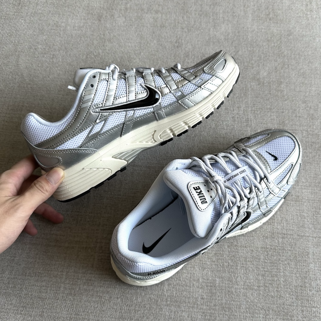 Nike P-6000 White Metallic Silver 液態銀白 黑勾 奶油底 復古 休閒鞋