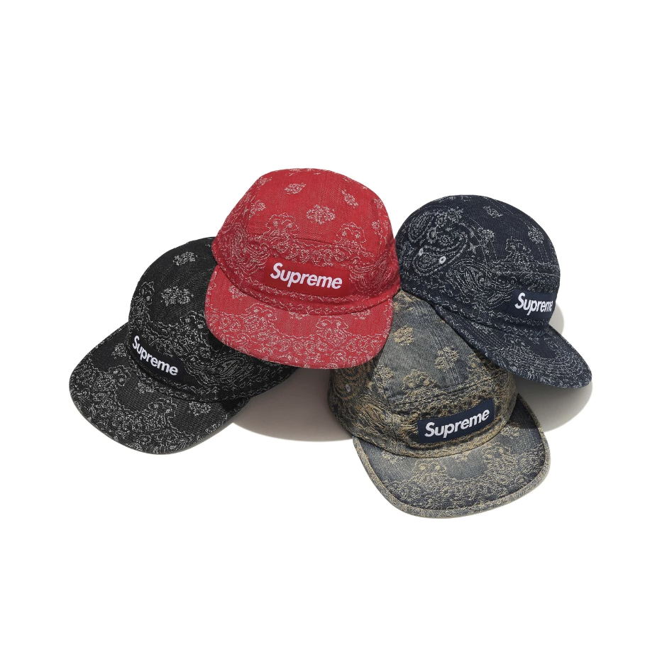 -(B05)-SUPREME BANDANA JACQUARD DENIM CAMP CAP 變形蟲 雕花 水洗 單寧帽-SS25H86