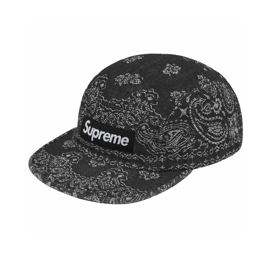 -(B05)-SUPREME BANDANA JACQUARD DENIM CAMP CAP 變形蟲 雕花 水洗 單寧帽-SS25H86