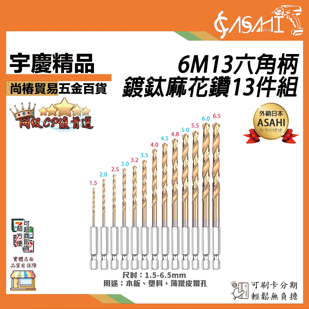 附發票｜6M13六角柄鍍鈦麻花鑽13件組｜六角軸鍍鈦 鋰電鑽頭 圓穴鑽 1.5-6.5MM 麻花鑽頭