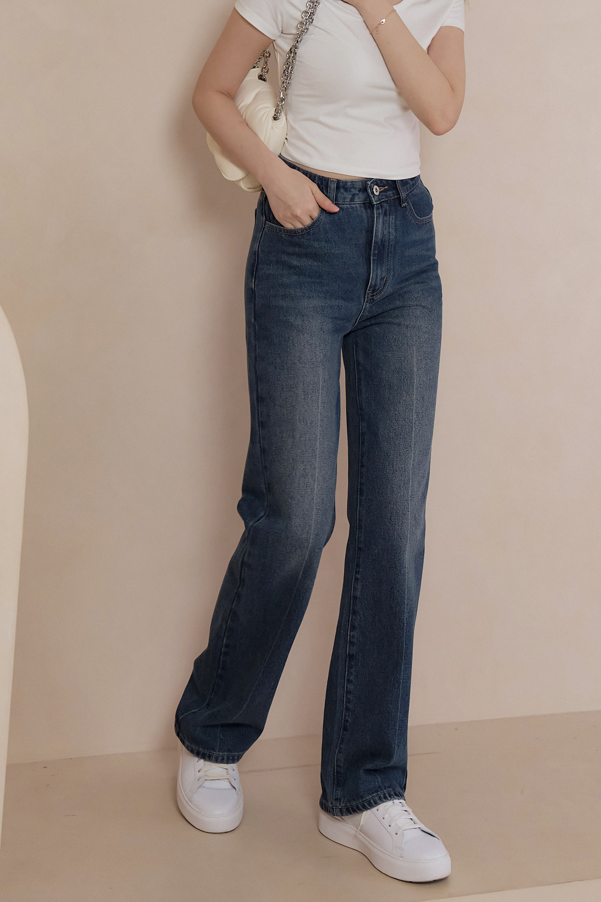 Gmade/水傷丹寧工藝窄直筒鉛筆褲-深藍