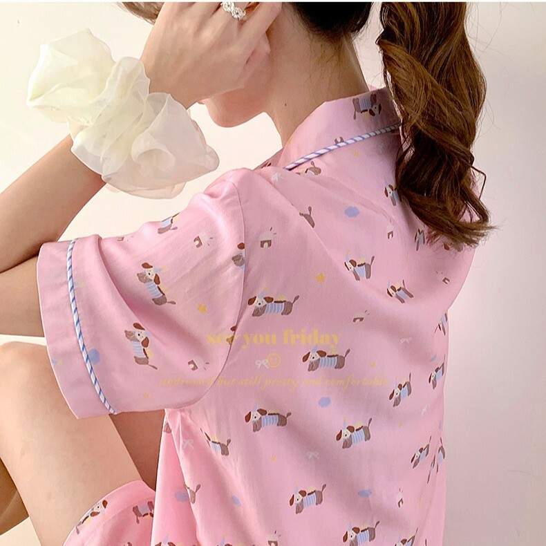 《5872》粉色臘腸狗翻領短袖居家套裝