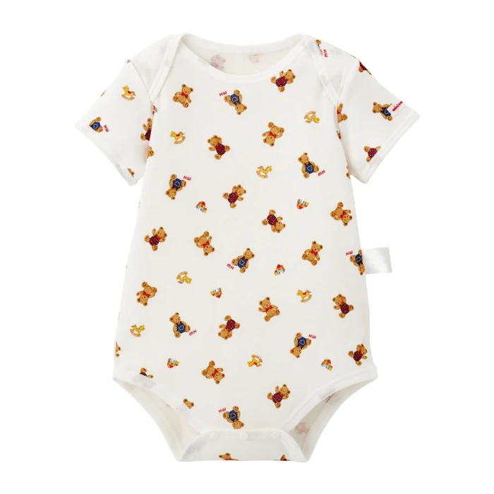 MIKI HOUSE BEAR羅紋針織棉套頭短袖包臀衣-駝