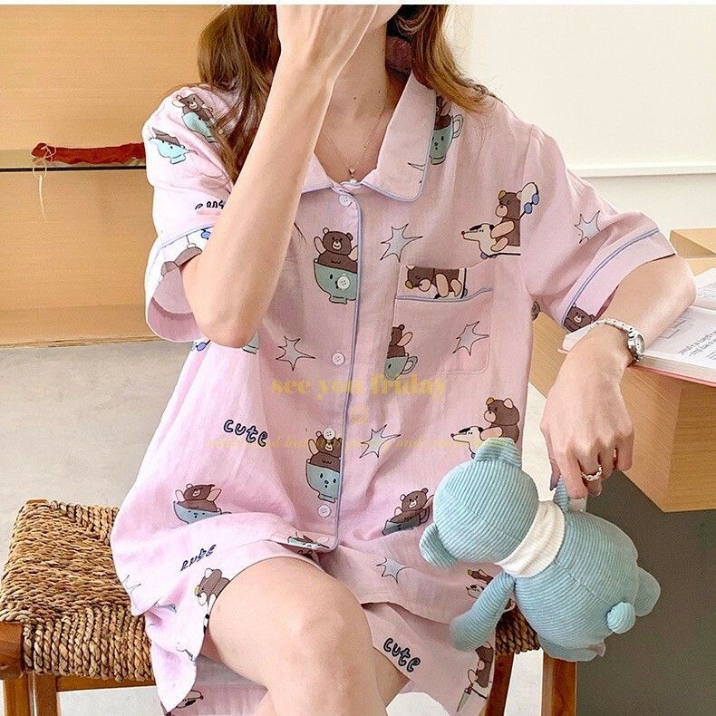《5873》棉紗小熊造型滿版短袖居家套裝