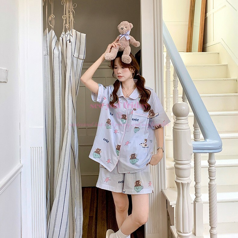 《5873》棉紗小熊造型滿版短袖居家套裝