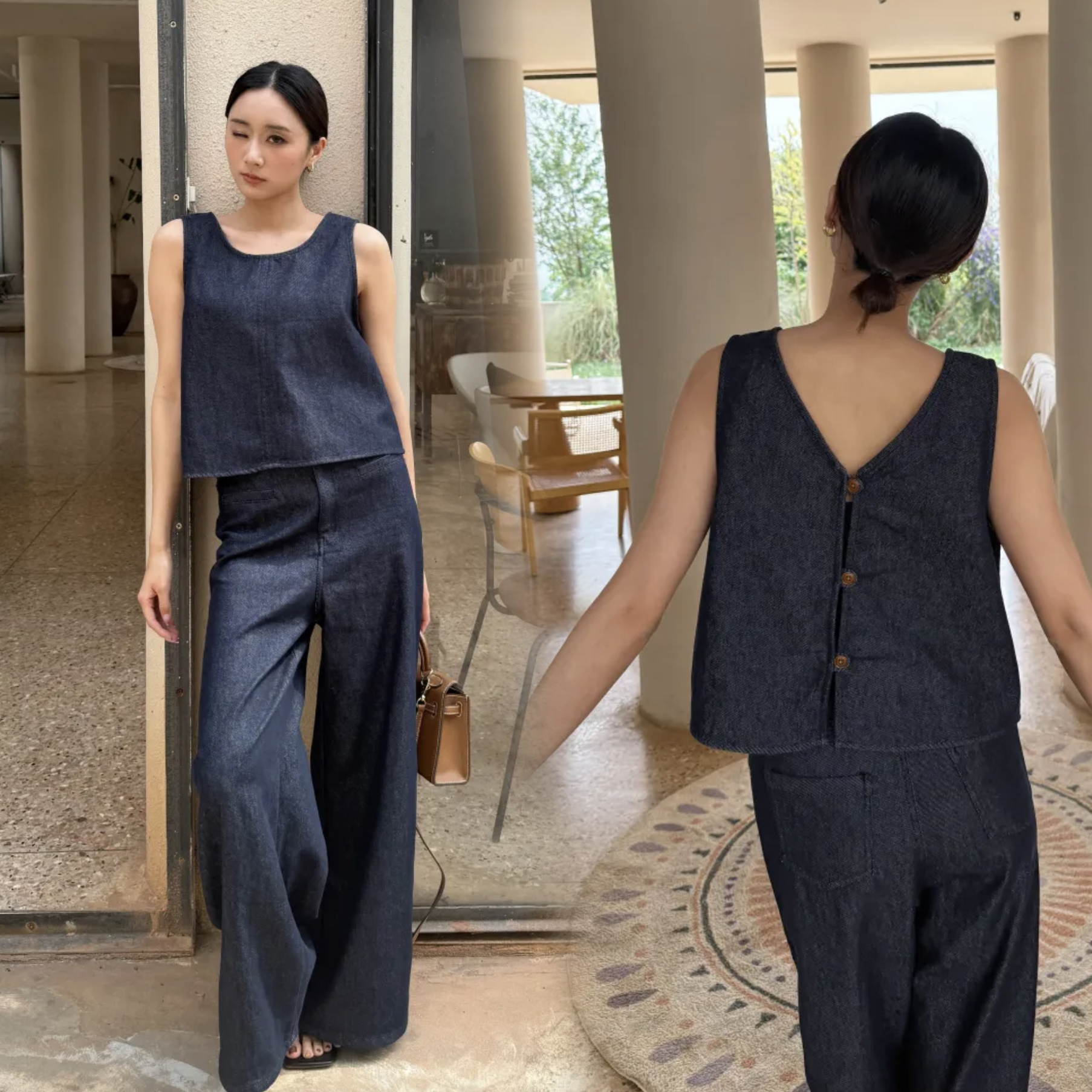 後排釦造型圓領牛仔上衣+寬褲SET-S-L (Elegant & Love)