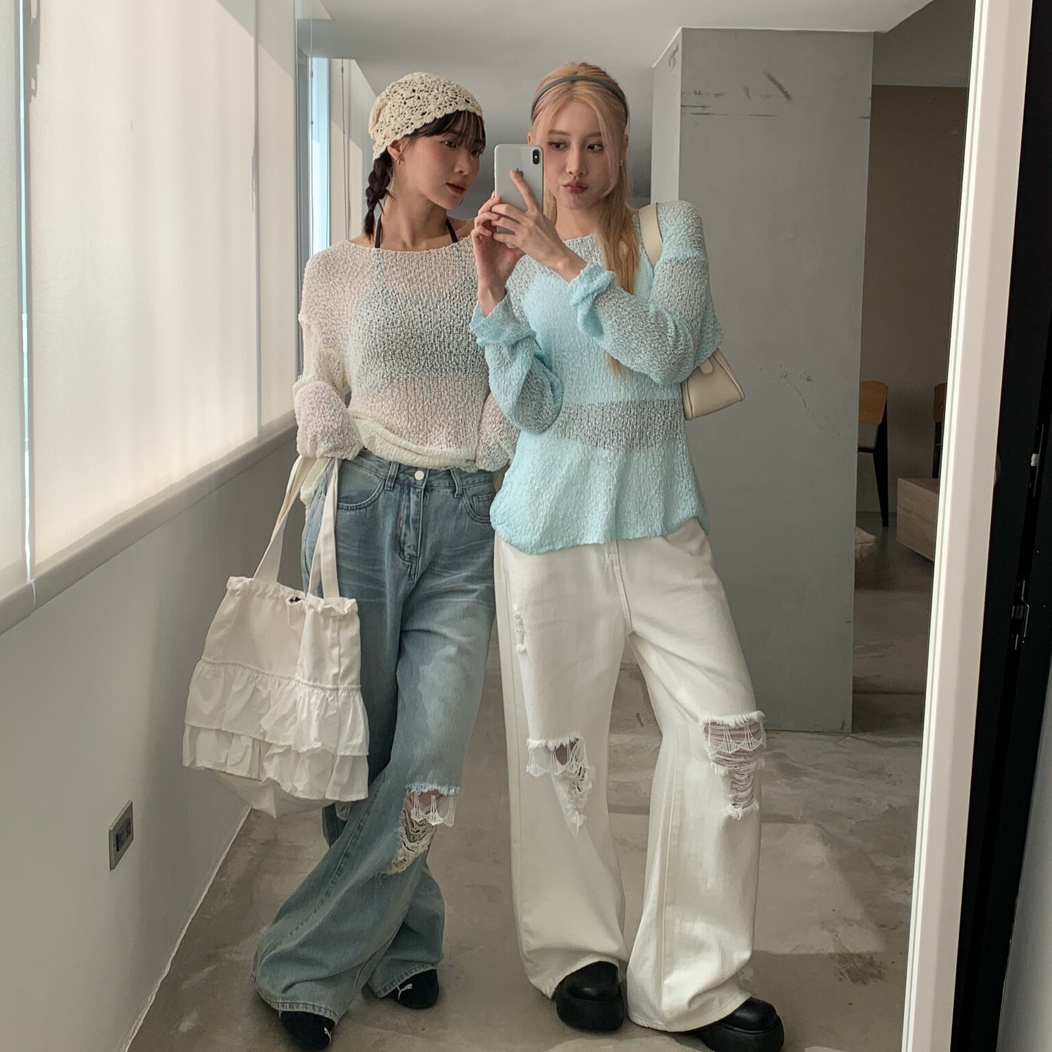 ISA_時髦尖叫款! 蕾絲拼接刷破小心機牛仔褲_53060