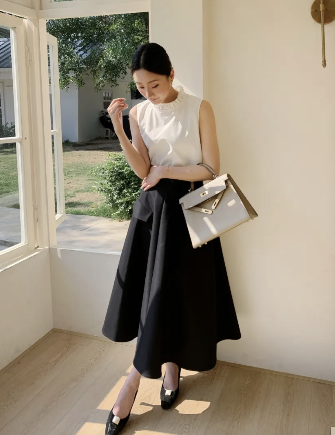 麂皮腰帶假口袋造型傘擺長裙S-L / 2色 (Elegant & Love)