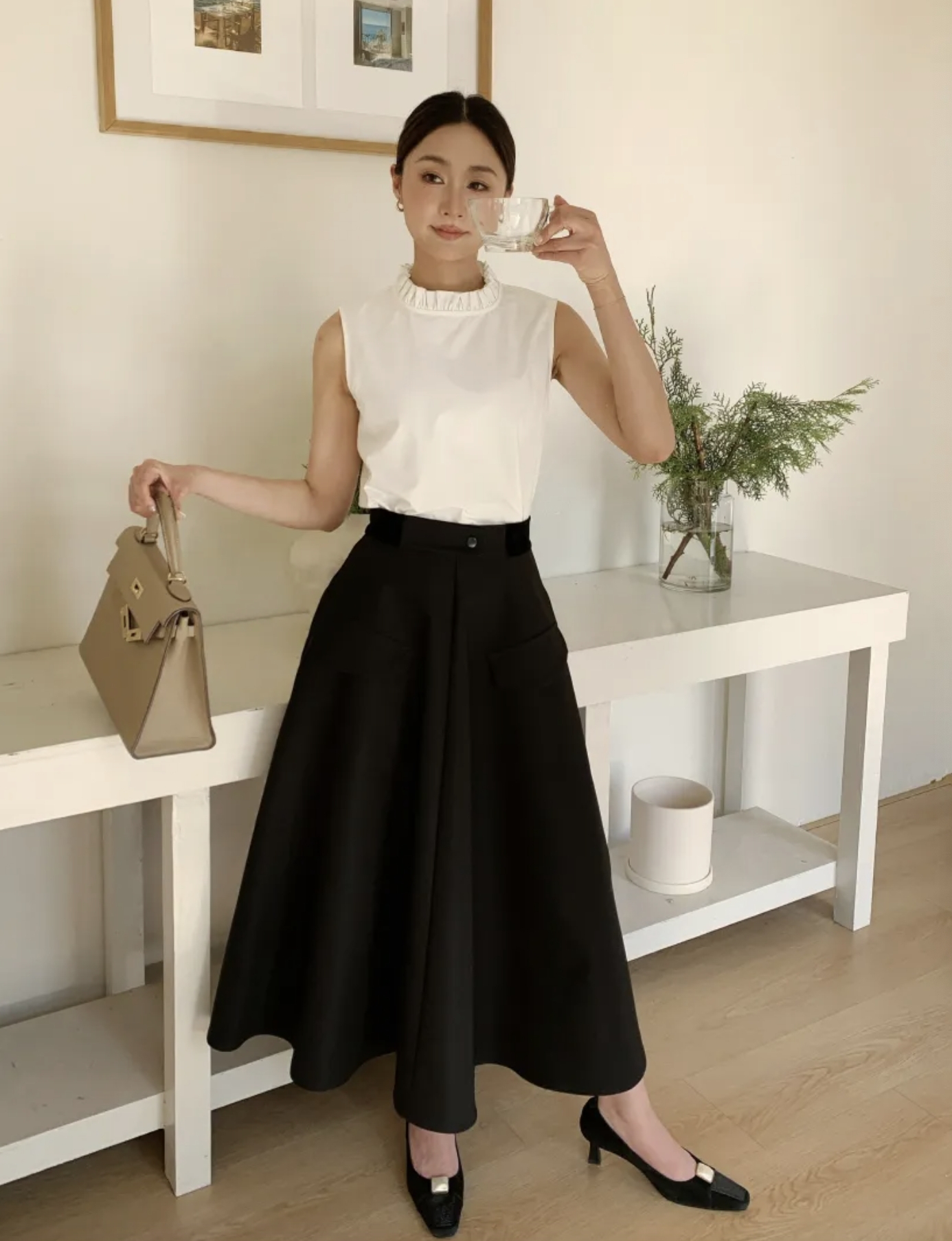 麂皮腰帶假口袋造型傘擺長裙S-L / 2色 (Elegant & Love)