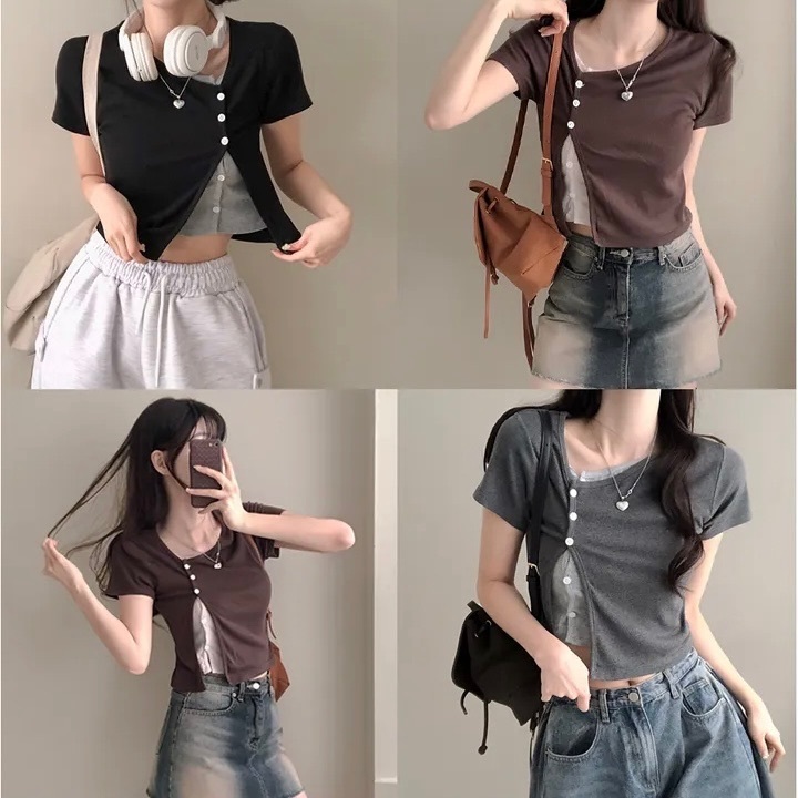 【優惠預訂】韓國雙層疊穿鈕扣羅紋短袖（3色）