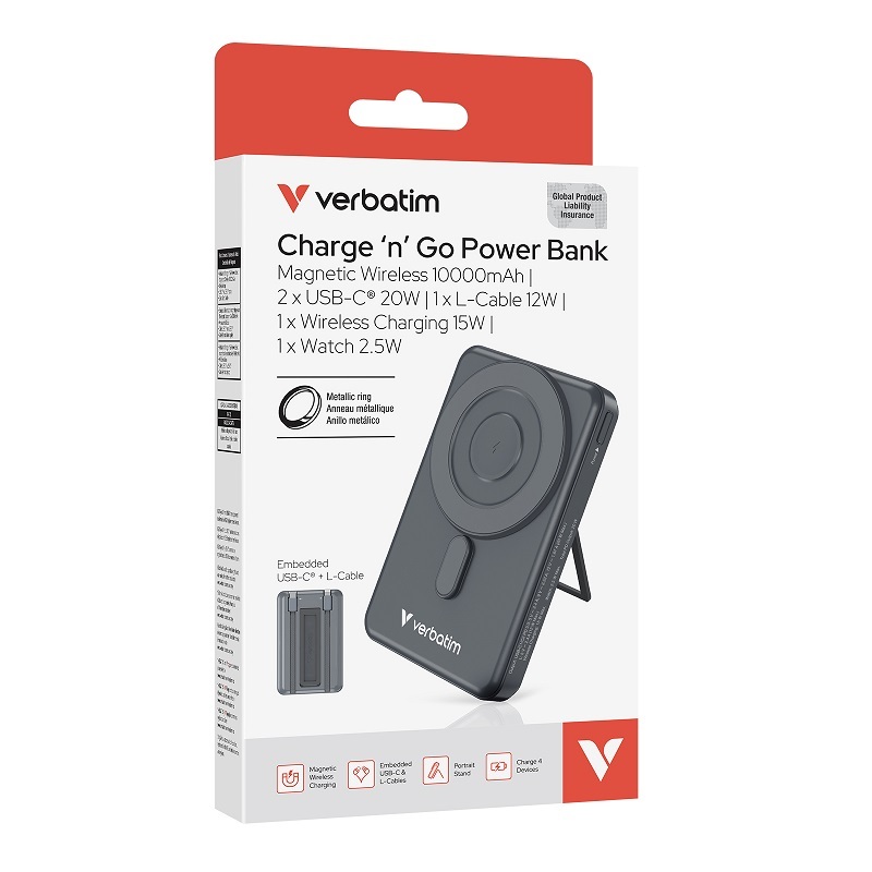 Verbatim 5合1 Charge 'n' Go 10000mAh 磁吸無線移動電源 (USB-C + Lightning) (3C CCC認證)