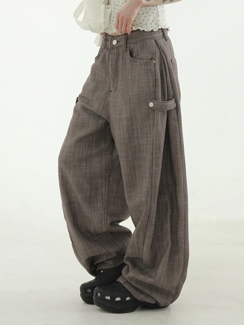 side button cotton and linen straight wide trousers in BROWN