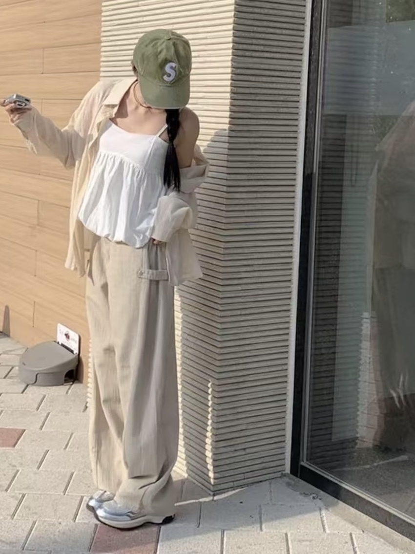 side button cotton and linen straight wide trousers in BEIGE