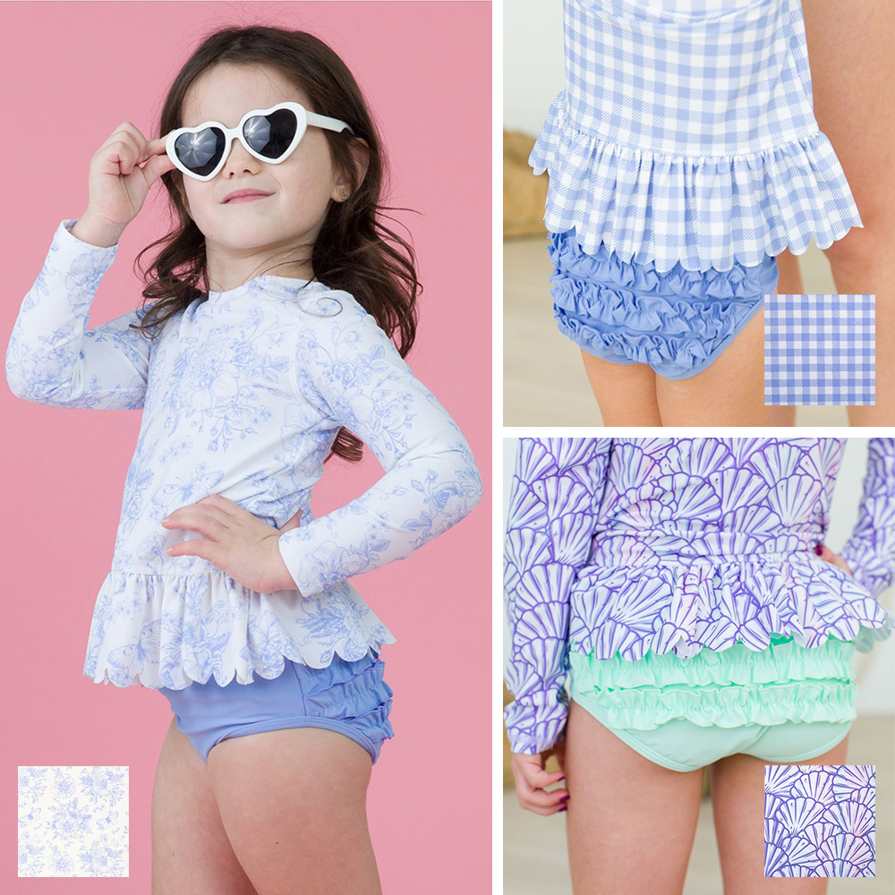 🔥2025新款🔥美國Ruffle Butts - 「長春花蝴蝶花園/神奇美人魚/長春花藍色格子/紫藤紫蝴蝶花園」扇貝下擺長袖防曬衣比基尼
