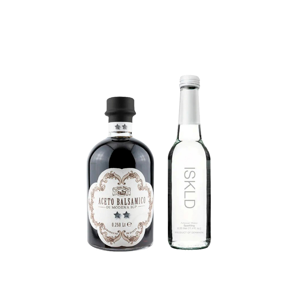 【陳年釀造氣泡飲】典釀義大利嚴選雙星巴薩米克醋250ml+伊絲氣泡礦泉水 330ml