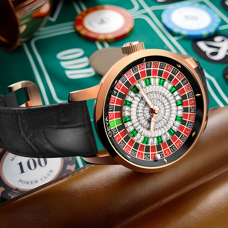 【GEYA 格雅】大贏家系列 G78187 鏤空 賭盤輪盤 晶鑽 動力儲存 夜光 機械 真皮 手錶