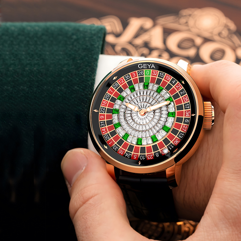 【GEYA 格雅】大贏家系列 G78187 鏤空 賭盤輪盤 晶鑽 動力儲存 夜光 機械 真皮 手錶
